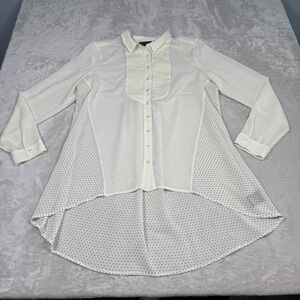 Maeve‎ Anthropologie Womens White Polka Dot Pleated Sheer Tunic Shirt Size 10
